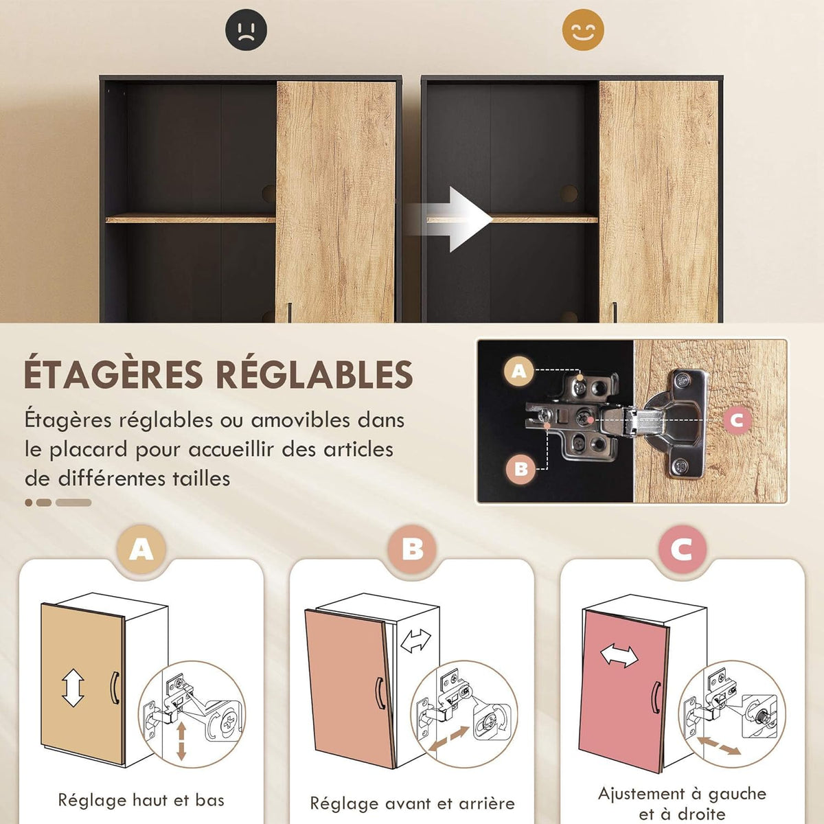 HOMCOM Buffet haut cuisine, armoire de cuisine, vaisselier, 2 tiroirs, placard à porte, 2 niches ouvertes, étagères réglables, meuble de rangement moderne, pieds en acier, 88x35x160cm, noir et naturel