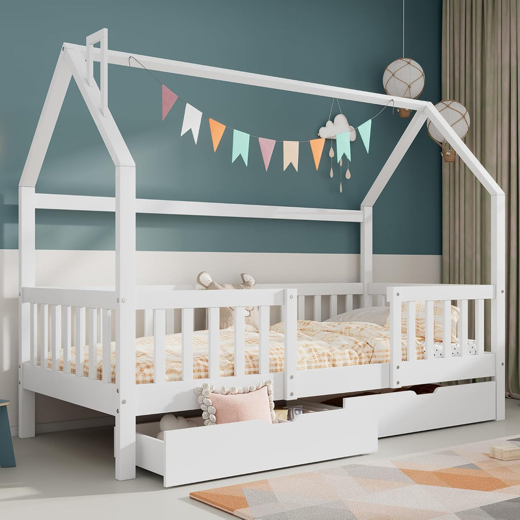 Merax Lit de Maison 90 x 200 cm, sommier à lattes en bois, tiroirs, chambre enfant