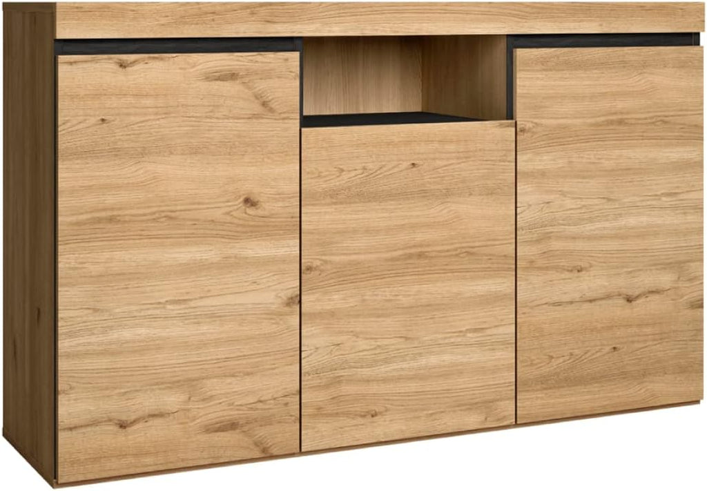 Skraut Home Buffet Modèle Naturale 140 x 40 x 81 cm Meuble d'Entrée à 3 Portes Style Nordique Mélamine Finition Couleur Chêne/Noir