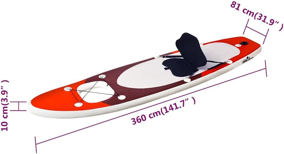 vidaXL Ensemble de Planche Sup Gonflable Planche à Ramer Planche de Surf Planche à Pagaie Kit de Réparation Extérieur Rouge 360x81x10 cm