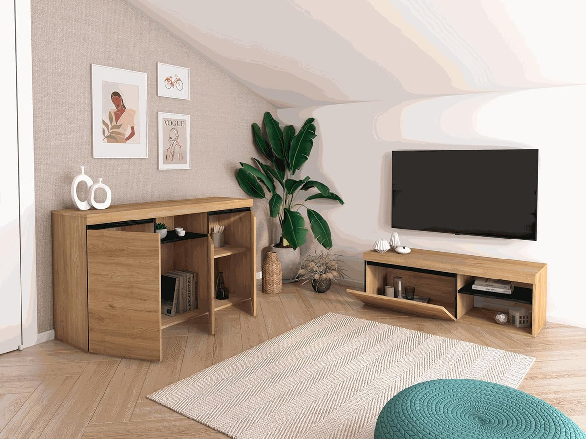 Skraut Home Buffet Modèle Naturale 140 x 40 x 81 cm Meuble d'Entrée à 3 Portes Style Nordique Mélamine Finition Couleur Chêne/Noir
