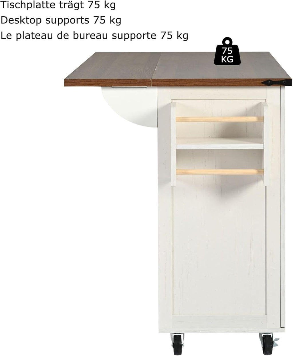 PUGSDRLY Desserte de Cuisine à Roulettes, Buffet Meuble avec 2 Tiroirs et 4 Portes, Armoire de Cuisine, Plateau de Table Pliable