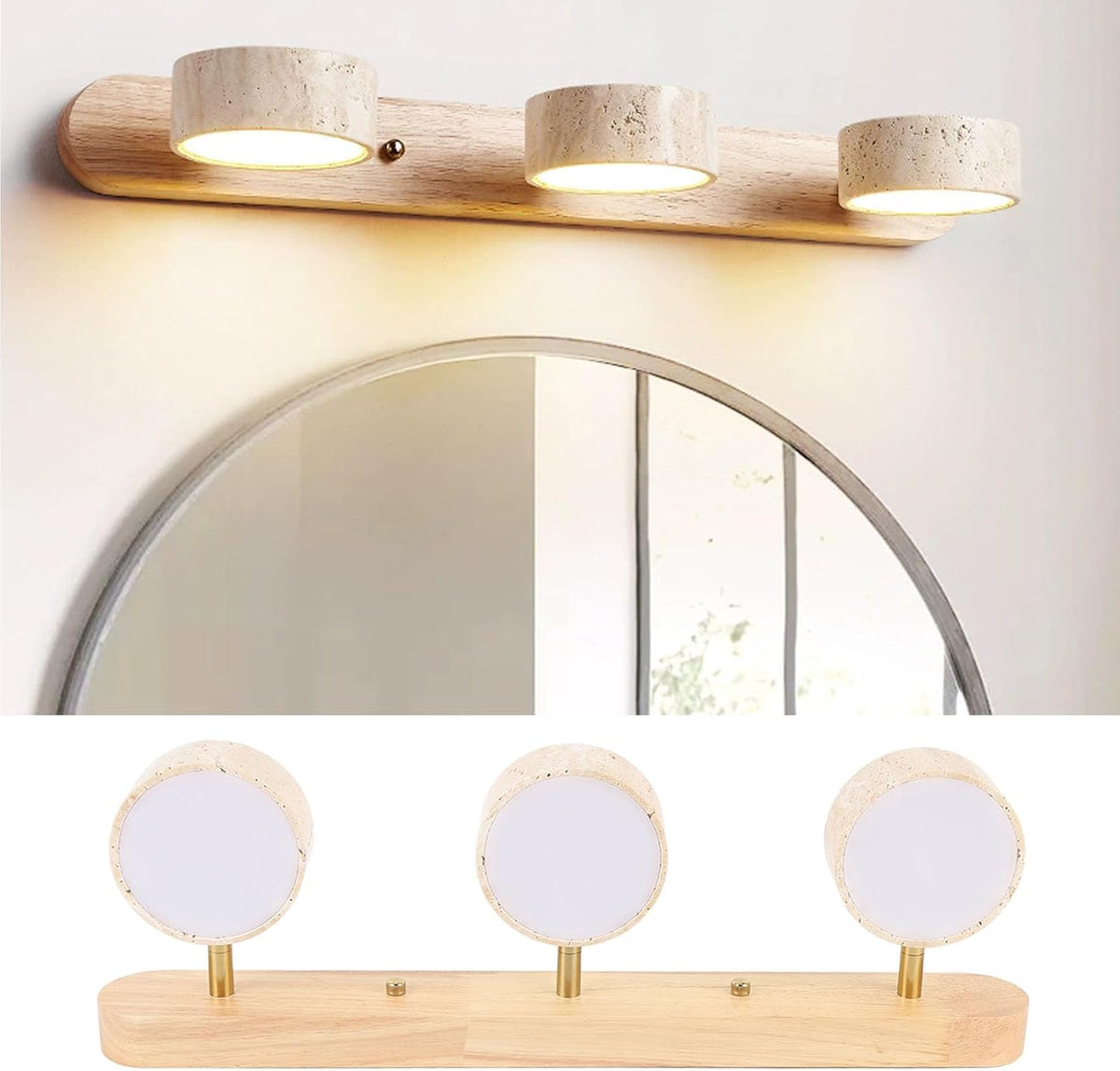 QWUUYEC Lampe de Salle de Bain en Bois Massif 3 Lumières, Applique Murale Moderne, Éclairage Chaud pour Miroir - Installation Fixe, Design Élégant, Ambiance Conviviale pour Entrée et