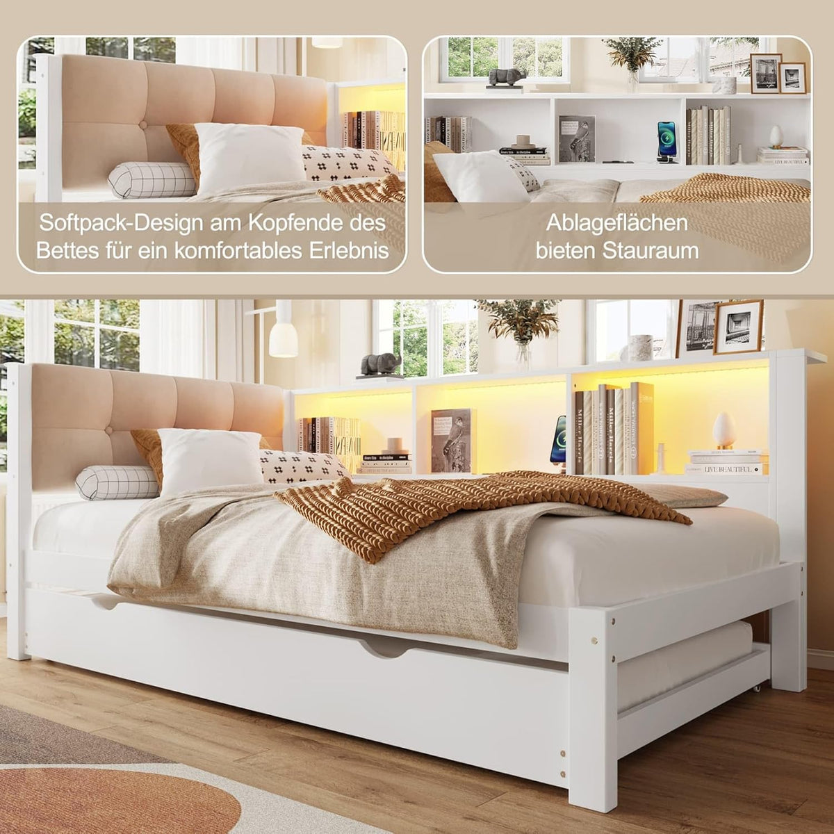 EURHCIO Canapé Lit 90x200,Cadre de Lit Une Place Rembourré avec Lit Gigogne 90x190,Port USB-C,Éclairage LED Réglable,Rangement,pour Adolescents Adultes 90x200