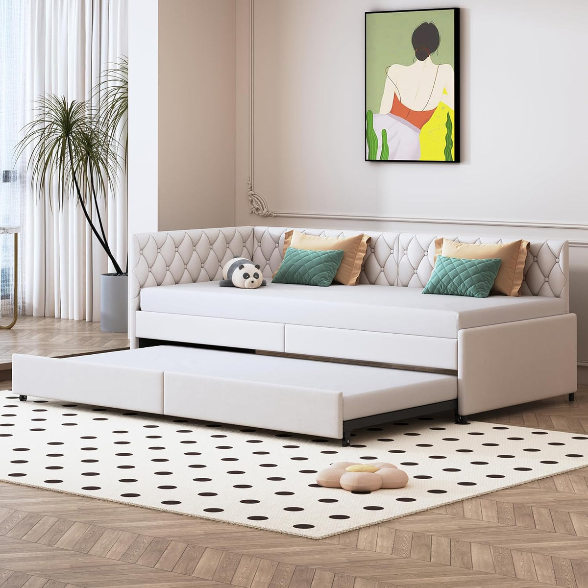 JYCRA Lit gigogne 90/180x200 cm,canapé lit 90x200 cm,Extensible,avec sommier à Lattes en Bois,Dossier Confortable avec Finition en Losange,Tissu en Velours Beige