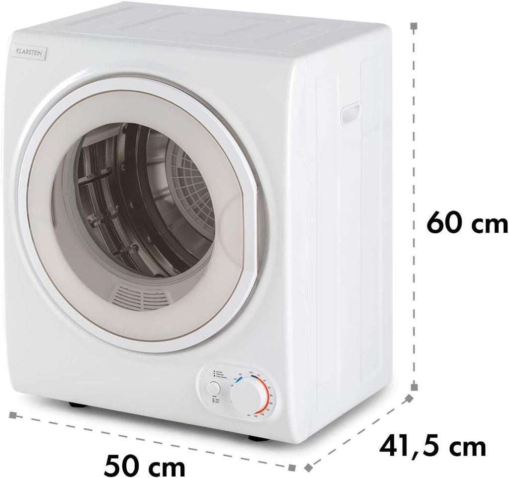 KLARSTEIN Jet Set 2500 - sèche-linge, par extraction, chargeur frontal, 850 W, pose libre/encastré, 2,5 kg, élément chauffant PTC, réglable jusqu'à 60 °C, minuterie 20 à 200 mn, compact, blanc