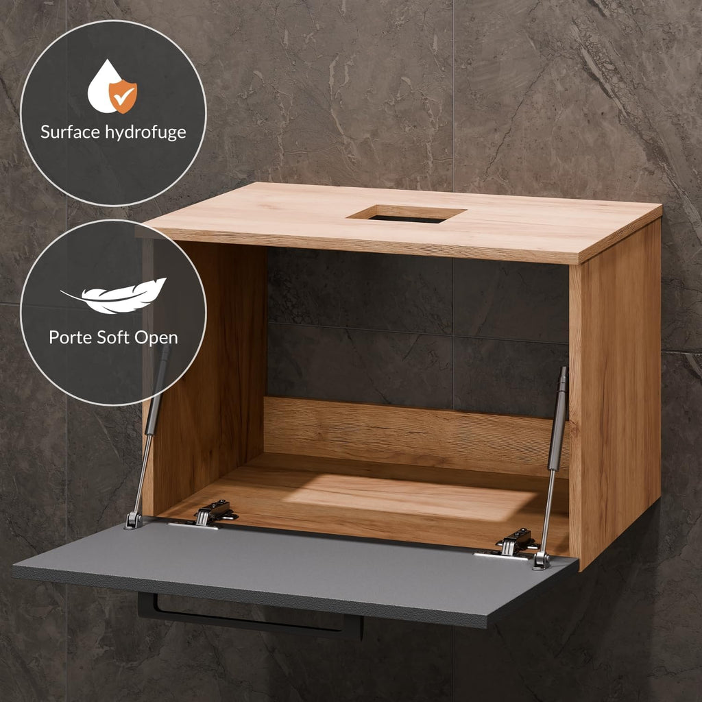 Planetmöbel Astra Ensemble Meuble Salle de Bain avec Meuble sous lavabo 60 cm, 1 Armoire Moyenne chêne doré Anthracite, sans Vasque à Poser