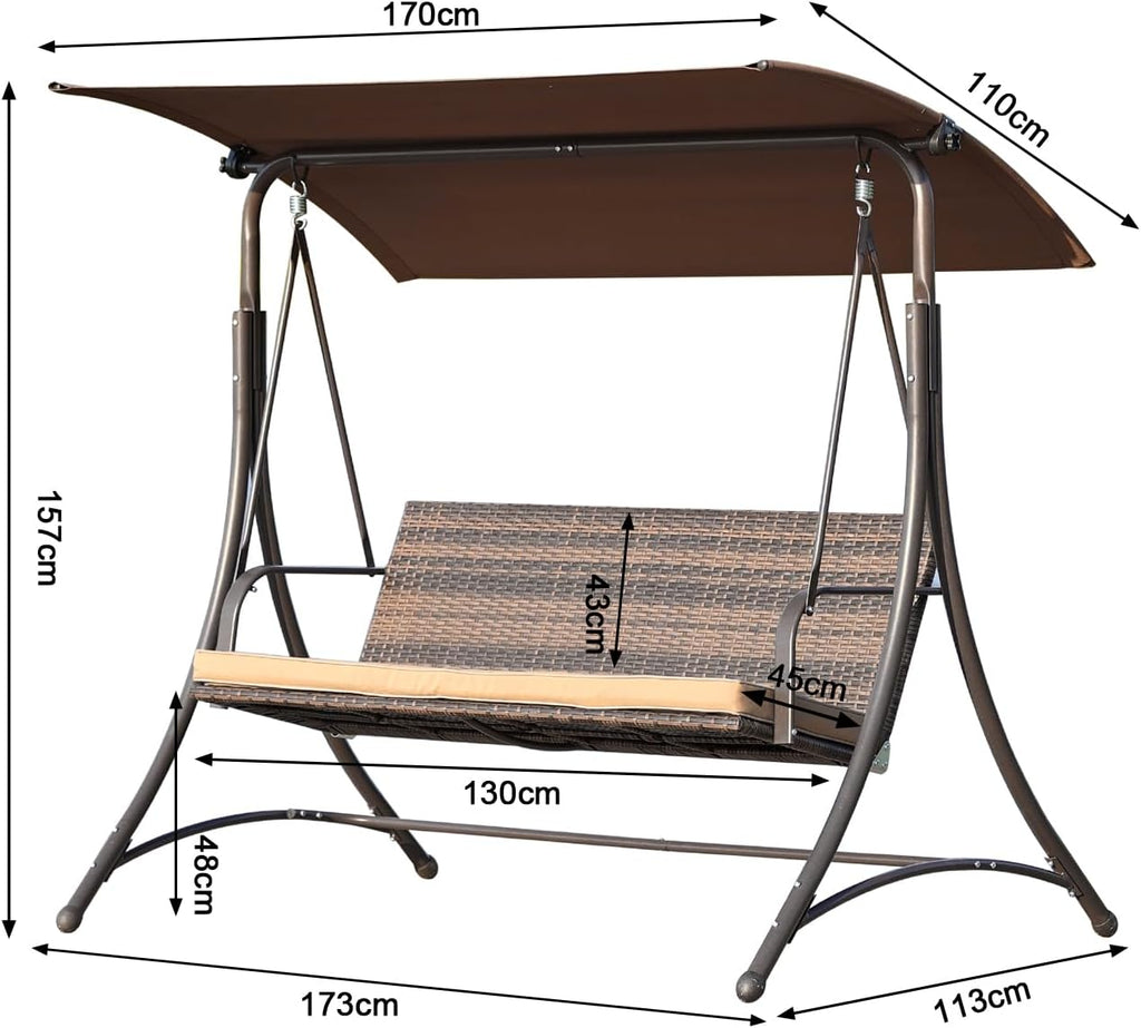 Angel Living Balancelle de Jardin 159T, avec Toit Marron et Chaise en rotin tissé, 170 x 110 x 153 cm 3 Places