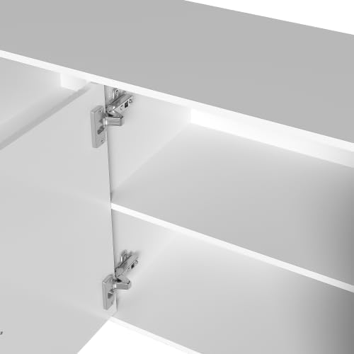 Buffet Salon Blanc Moderne avec 4 Portes Texturées, Façade Brillante, Poignées Dorées, Meuble Elégant, 150x40x82cm