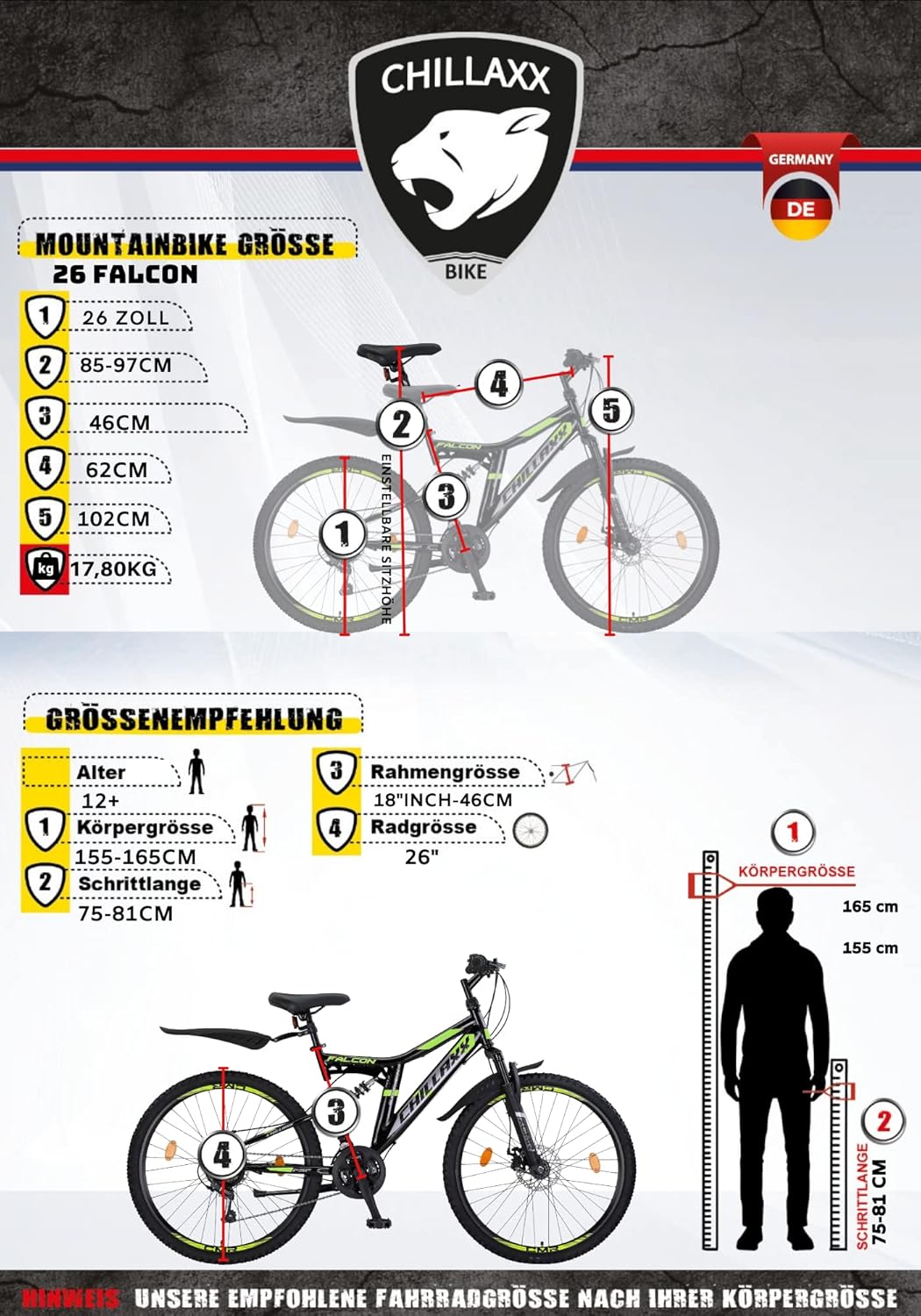 Chillaxx Falcon VTT de 24, 26, 27,5 et 29″, pour garçons, filles, femmes et hommes, frein à disque, dérailleur à 21 vitesses, suspension complète