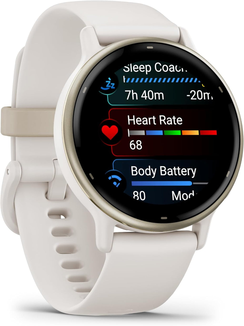 Vivoactive 5 montre intelligente GPS santé et fitness pour homme et femme lunette aluminium doré crème bracelet silicone ivoire écran AMOLED 3 cm autonomie