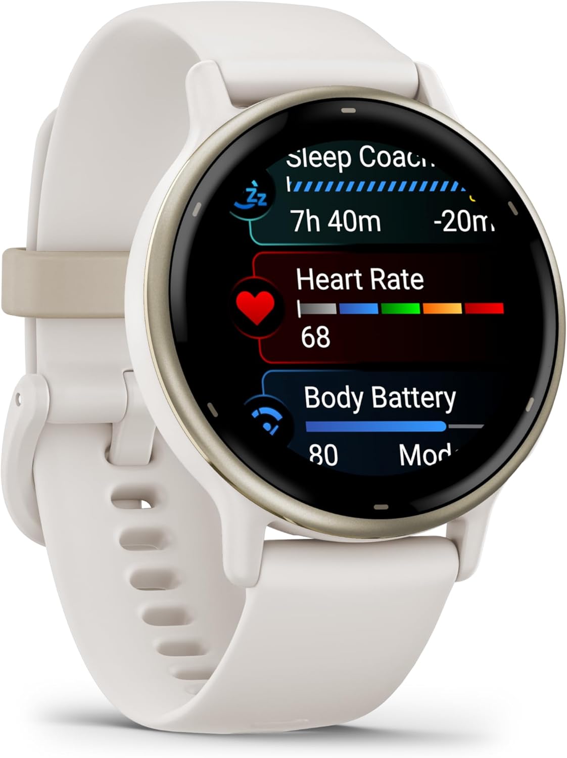Vivoactive 5 montre intelligente GPS santé et fitness pour homme et femme lunette aluminium doré crème bracelet silicone ivoire écran AMOLED 3 cm autonomie