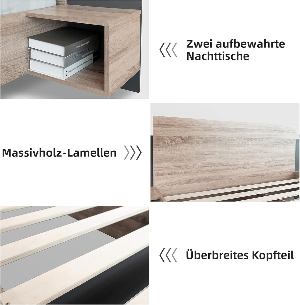 Lit moderne en bois 160 x 200 cm – Avec 2 tables de chevet et design en bois naturel – Ensemble de chambre à coucher en chêne Sonoma (gris foncé)