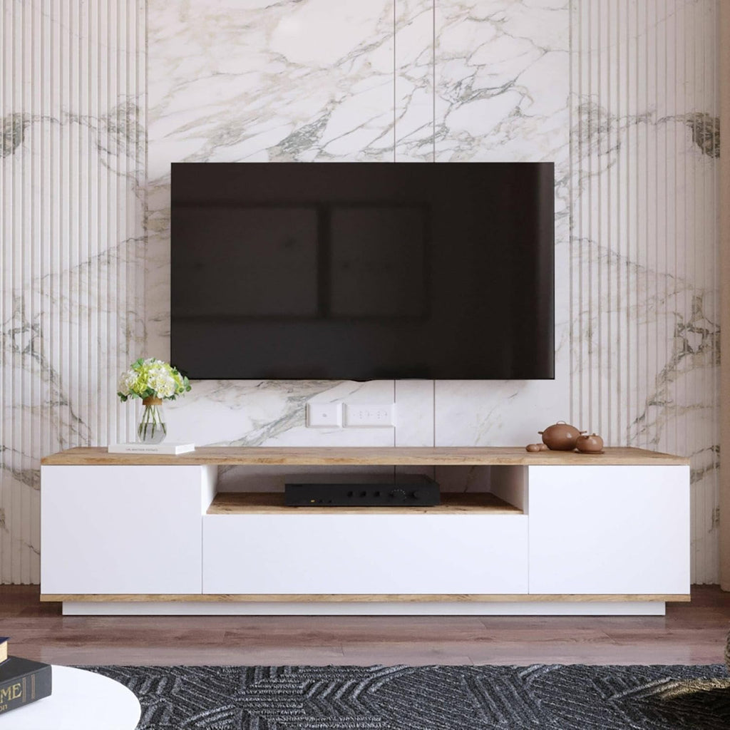 Dmora - Meuble TV Sinope, Buffet de Salon, Armoire Basse pour TV, Base Murale de Rangement, 180x45h45 cm, Chêne et Blanc