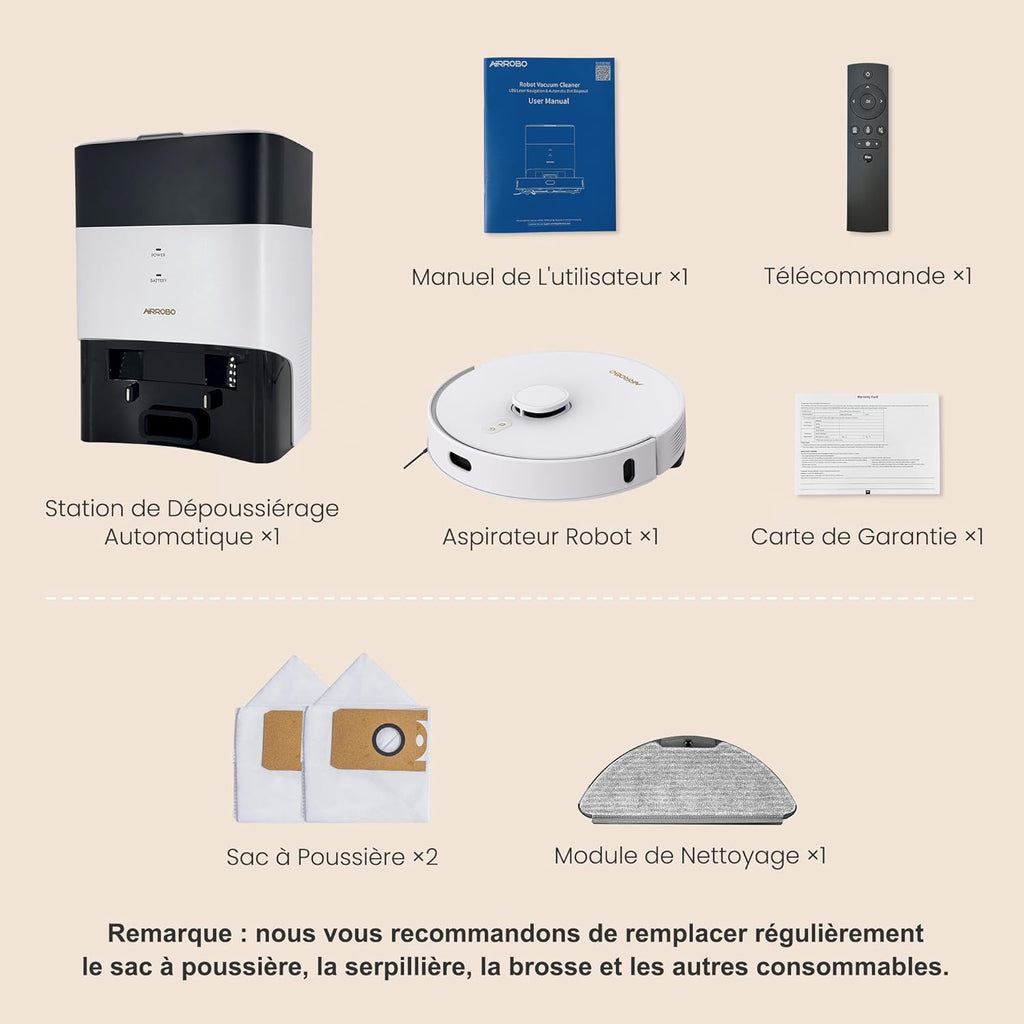 AIRROBO Robot Aspirateur Laveur avec Station, Navigation LiDAR avec Nettoyage Personnalisé, 3.5L Automatique Poussièr, Autonomie 180 Minutes, évitement d'obstacles, WiFi/App Contrôle