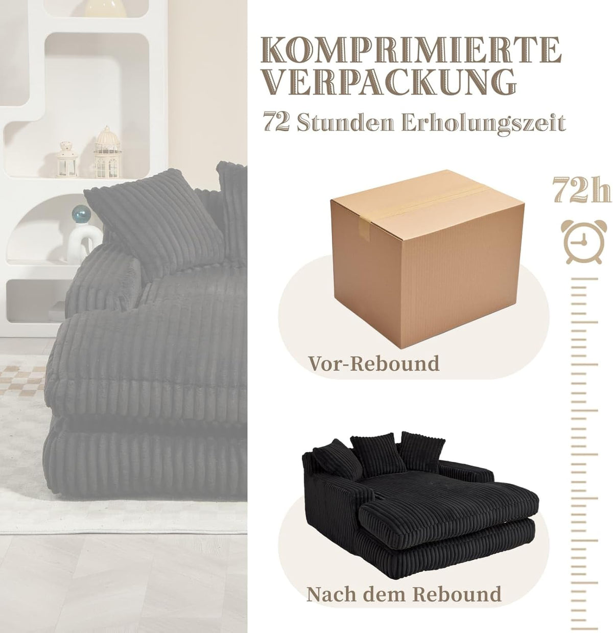 KOMHTOM Canapé-lit Moderne, Canapé Sol pour Les Paresseux, avec 3 Coussins, sans Installation, Idéal pour Chambre, Salon ou cinéma Maison (Noir)