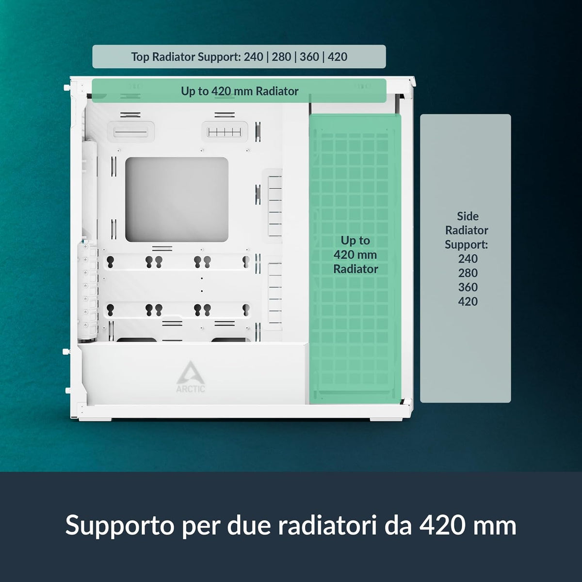 ARCTIC Xtender VG (White) avec Montage Vertical de GPU - Boîtier PC, Verre Panoramique Trempé, Support pour Radiateur 2 x 420 mm, Tour Midi, E-ATX, 5X Ventilateurs A-RGB Pré-installés - Blanc