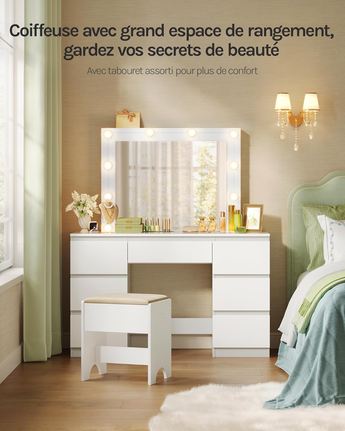 WOLTU Coiffeuse avec Miroir LED et Tabouret, Luminosité Réglable, avec 7 Tiroirs, 107x39,5x140,5cm, Blanc