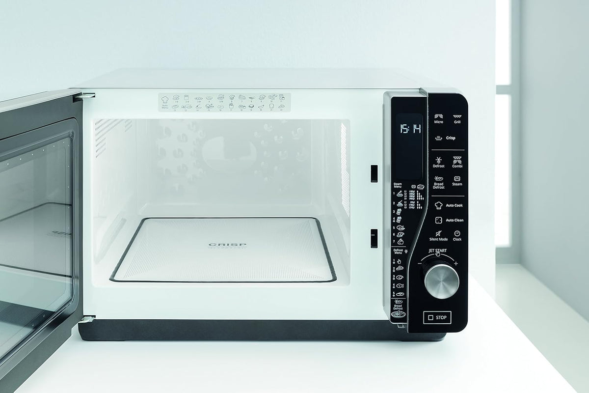 Whirlpool MWF 427 SL Four à micro-ondes Extra Space + Grill, 25 litres, argent, avec steamer, grille haute et plate Crisp + poignée, 800 + 1000 W
