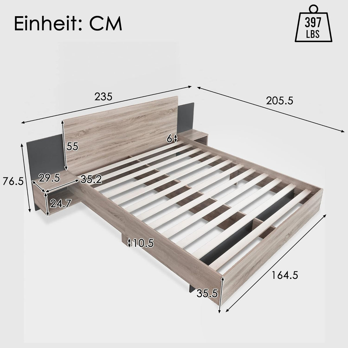 Lit moderne en bois 160 x 200 cm – Avec 2 tables de chevet et design en bois naturel – Ensemble de chambre à coucher en chêne Sonoma (gris foncé)
