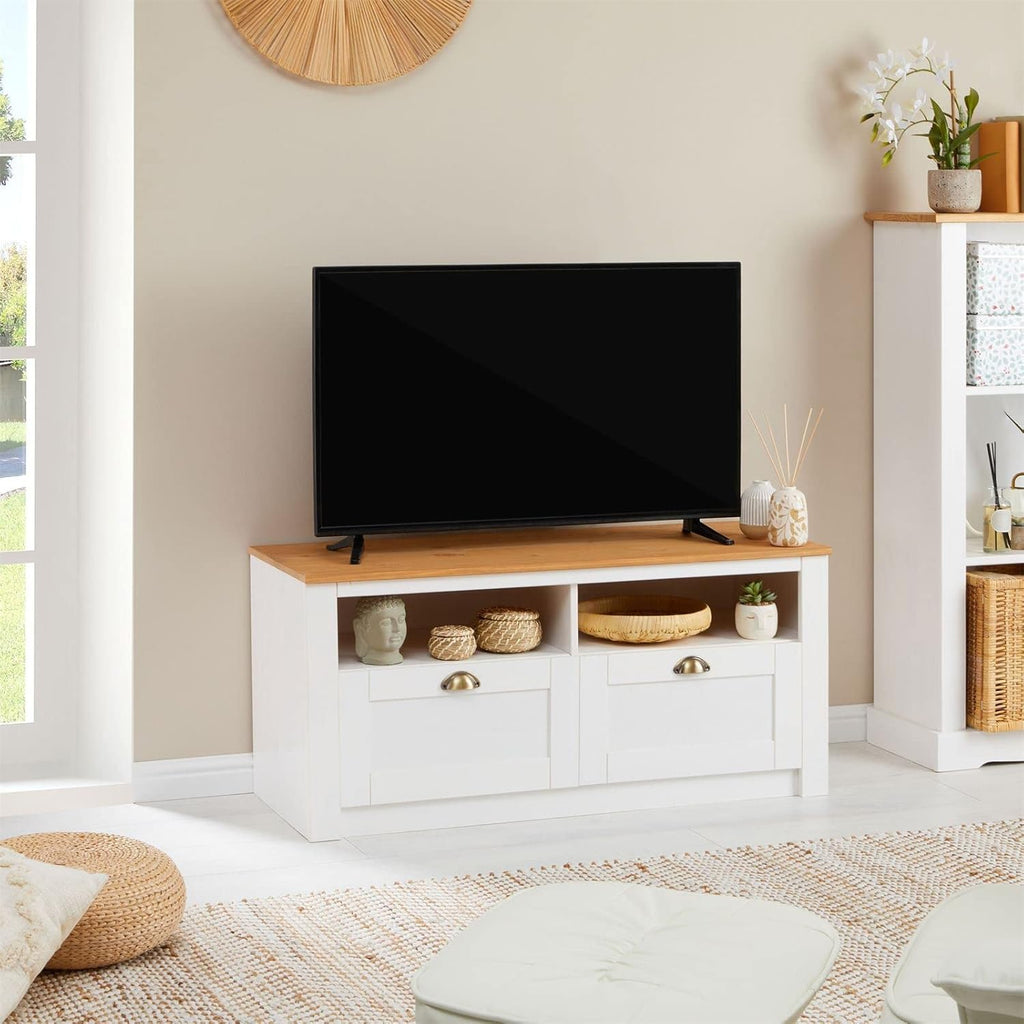 IDIMEX Meuble TV Bolton 2 tiroirs et 2 niches de Rangement, Meuble télé Design Campagne en pin Massif Blanc et Brun, dim 110x50x40 cm