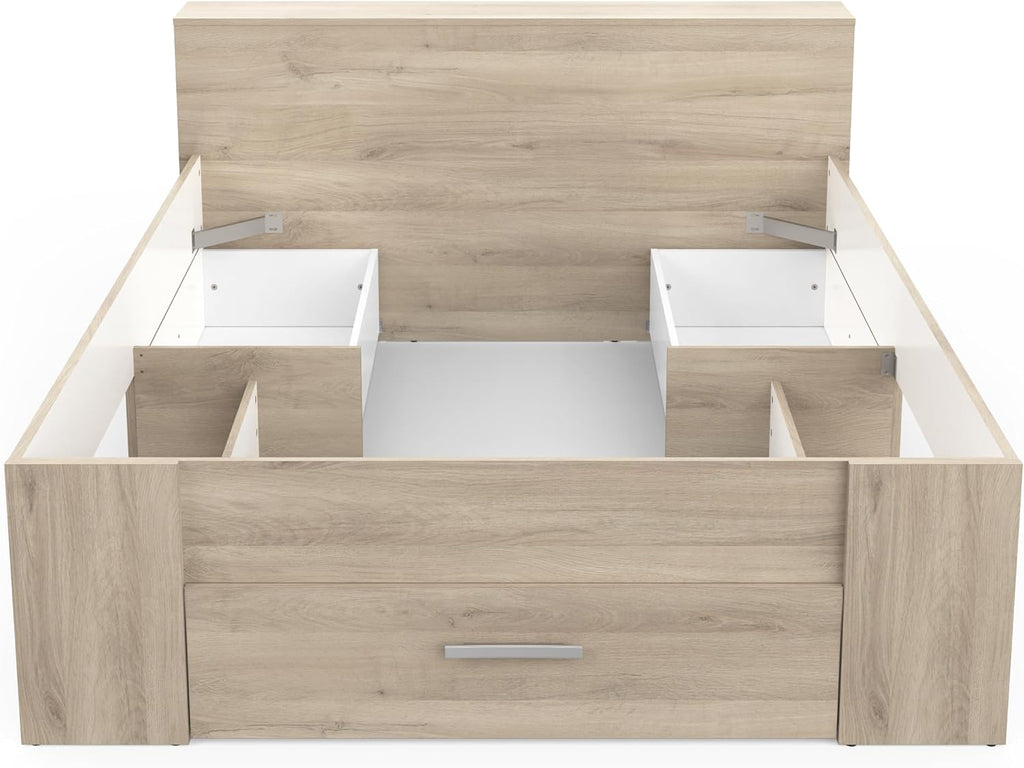 Lit avec Rangement 140x190 Style Contemporain 3 Tiroirs - Coloris Chêne - 150,1 x 217,1 x 74,3 cm
