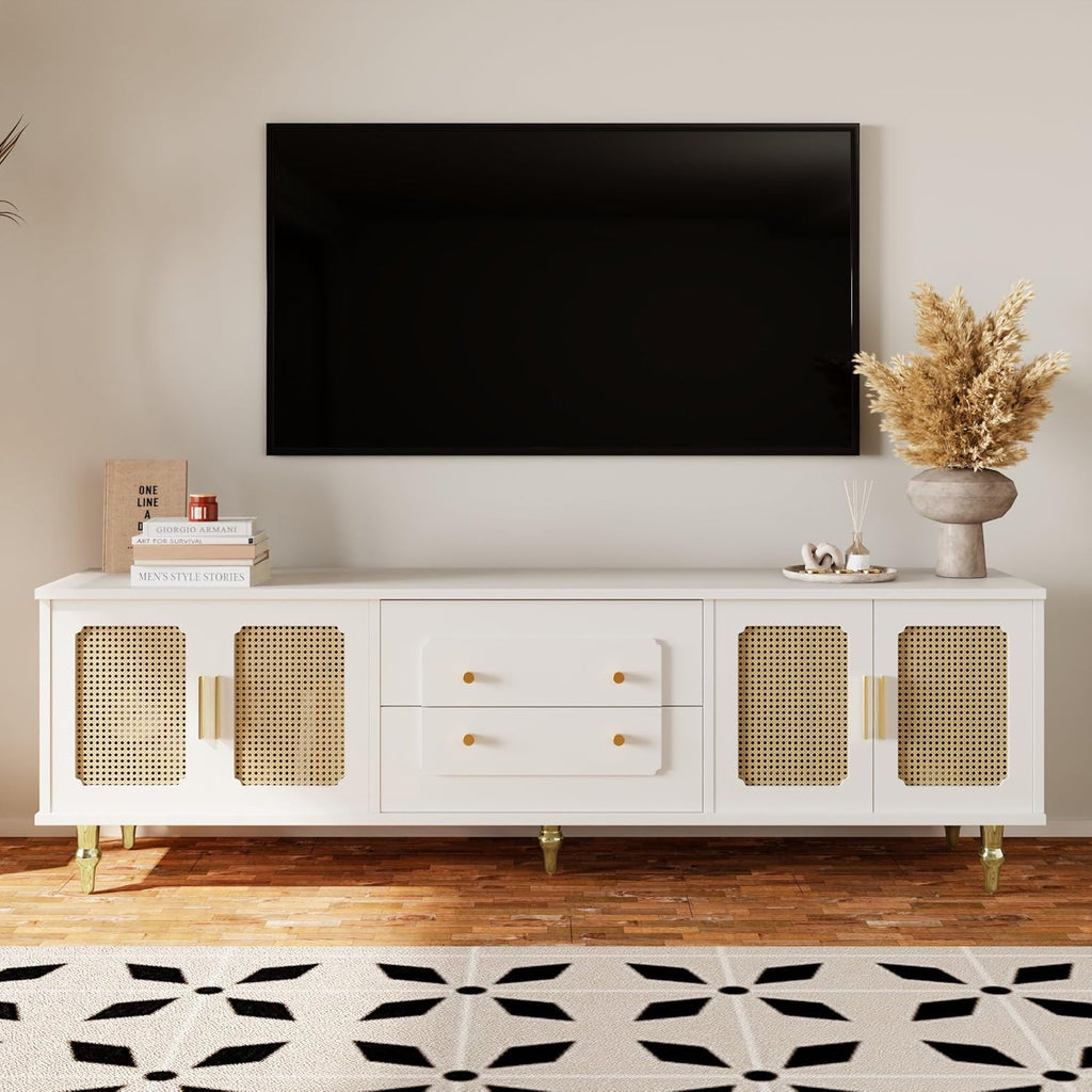 Meuble TV bas de style rétro avec 6 compartiments de rangement, poignées dorées, porte en rotin et pieds en métal, buffet TV pour salon (blanc, 175 x 38 x 55,5 cm)