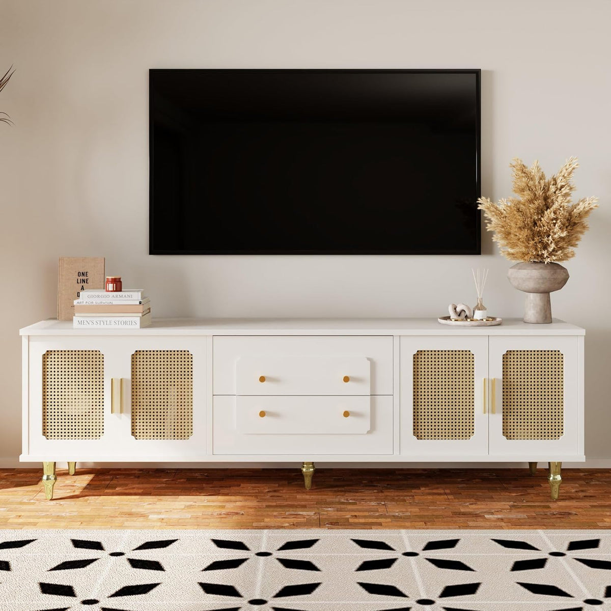 Meuble TV bas de style rétro avec 6 compartiments de rangement, poignées dorées, porte en rotin et pieds en métal, buffet TV pour salon (blanc, 175 x 38 x 55,5 cm)
