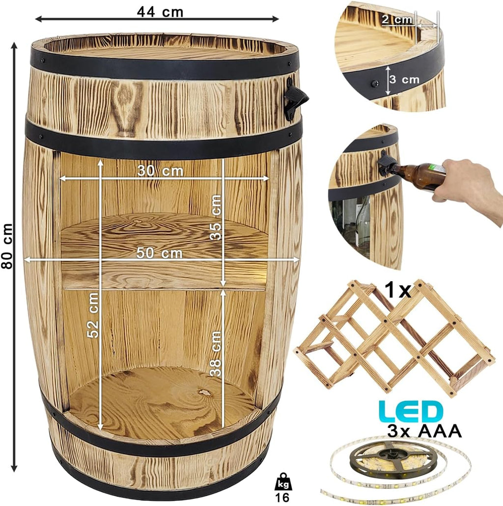weeco Tonneau en Bois Multifonctionnel avec Éclairage LED – Bar à Vin et Casier à Bouteilles – Meuble Rustique pour Rangement de Verres et Alcools 80x50cm
