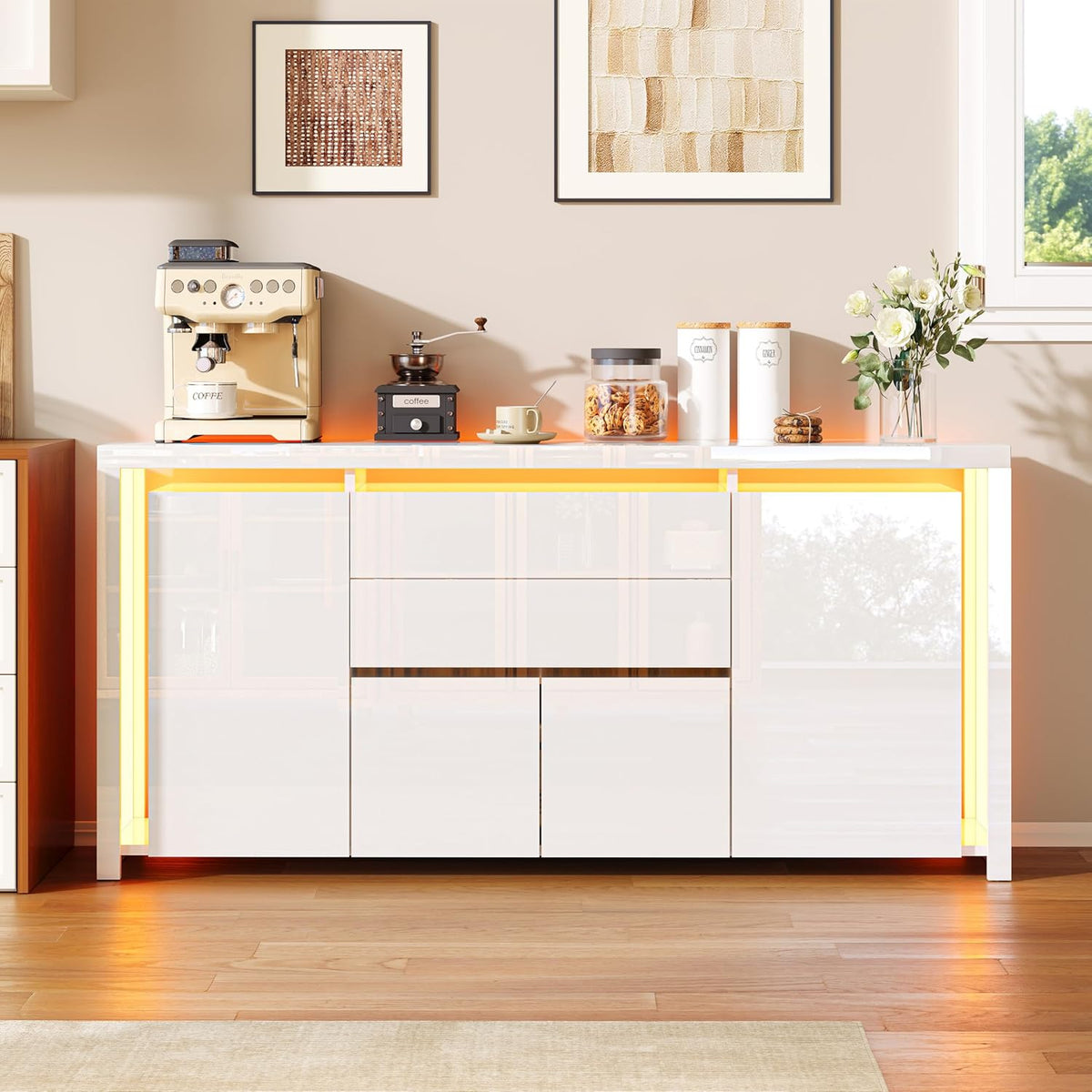 LONELYO Buffet Blanc Laqué 4 Portes2 Tiroirs avec Éclairage LED, Meuble de Rangement Moderne pour Salon, Cuisine ou Entrée, Design Haut Brillant Blanc