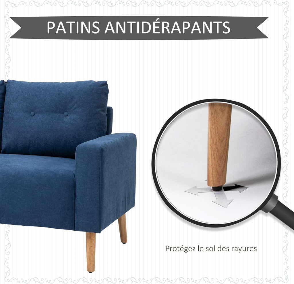 HOMCOM Canapé 2 Places Design scandinave dim. 145L x 76l x 88H cm Pieds Bois Massif Tissu Bleu
