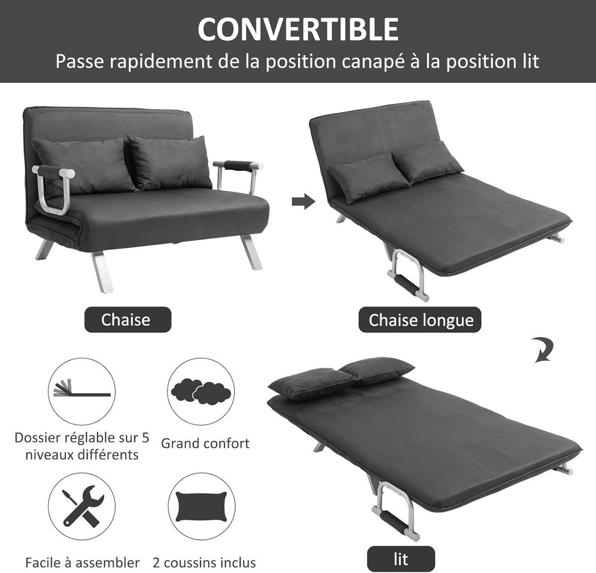 HOMCOM Canapé-lit 2 Places, Fauteuil Convertible avec Dossier réglable en 5 Positions, Chaise Longue avec 2 Coussins Inclus, canapé en revêtement Aspect suède déhoussable, 111x80x78cm, Gris foncé