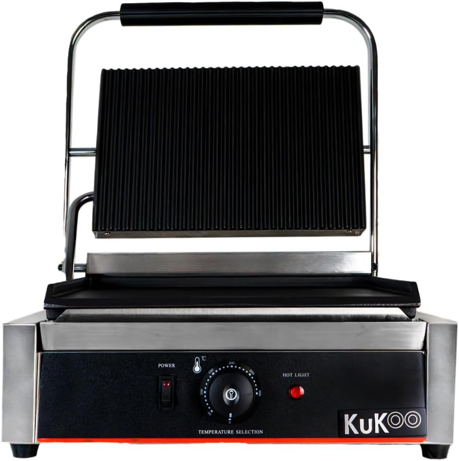 Presse à Panini Professionnelle Grill Electrique - 1 plaque Inox Rainurée 2200W 50-300 C - Parfait Sandwicherie, Restaurant HORECA Grille Poisson Légumes Croques Viande Brosse Nettoyage INCLUSE
