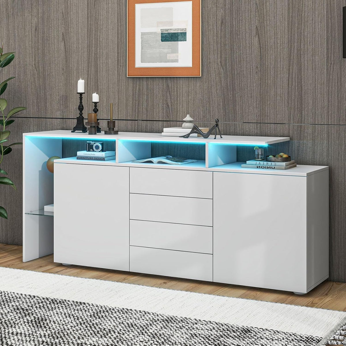 Entapuk Buffet LED, Meuble Polyvalent 2 Portes 4 Tiroirs, Vitrine Salle à Manger, Blanc Brillant