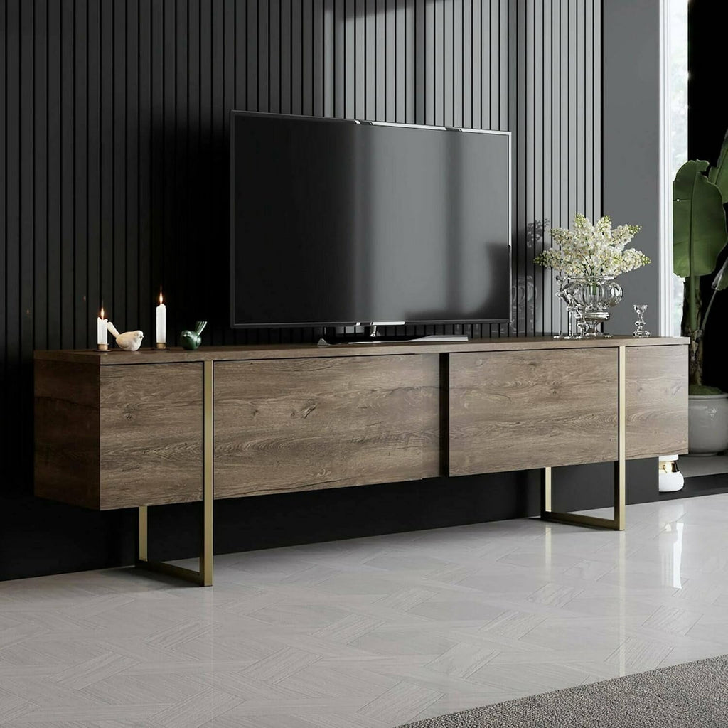Dmora - Meuble TV Centaurus, Buffet de Salon, Armoire Basse pour TV, Base Murale de Rangement, 180x30h50 cm, Noyer et Or