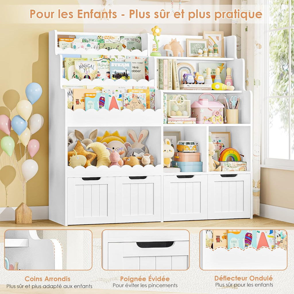FOREHILL Meuble Rangement Enfant Bibliothèque Enfant avec 4 Boîtes Amovibles 9 Étagères Rangement Jouet pour Chambre d’Enfants Salle de Jeu 125x40x120 cm Blanc