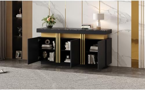 muenfly Buffet moderne avec 3 portes et plan de travail marbré, meuble TV de 140 cm avec tiroirs et compartiments réglables, polyvalent comme armoire de couloir ou commode pour le salon