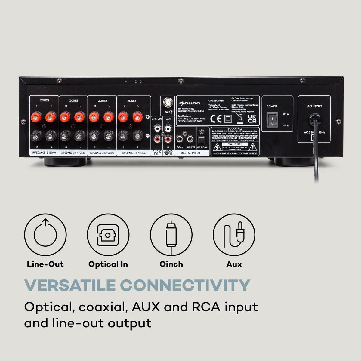 AUNA AMP-4000 Radio DAB+, Amplificateur Stéréo HiFi avec Télécommande USB, Écran LED, Noir et Blanc