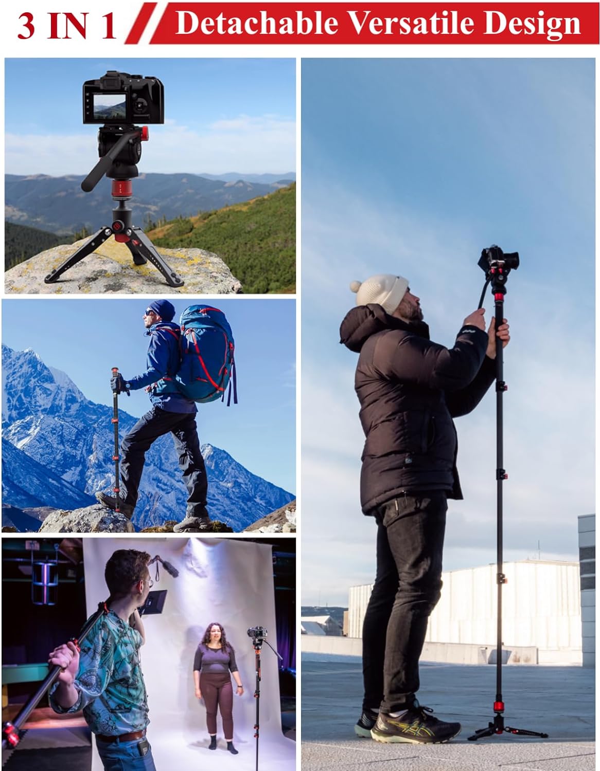 IFOOTAGE Monopode en fibre de carbone avec pieds trépied pour appareil photo et téléphone, charge maximale 10 kg, boucle de verrouillage rapide, hauteur 70,5180 cm, tube amovible, 4 sections, pour