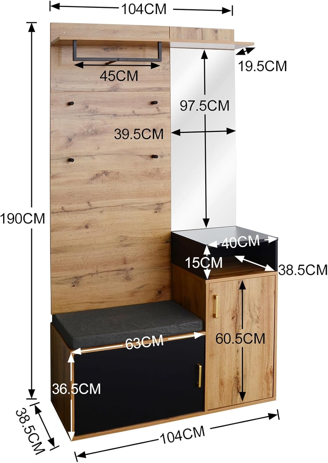 Sweiko Lot de 4 porte-manteaux avec 4 patères, miroir, armoire à chaussures, porte-manteau mural, étagère supérieure, couloir banc