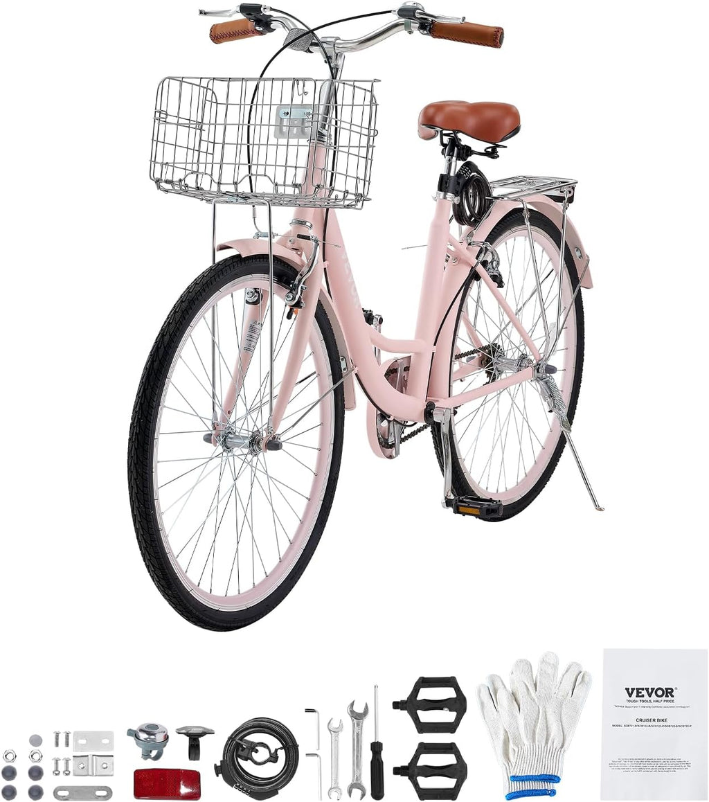 VEVOR Vélo croiseur, Vélo de Plage avec Panier de Grande capacité, Porte-Bagages arrière et siège réglable, sécurisé et Robuste, pour Cyclisme..