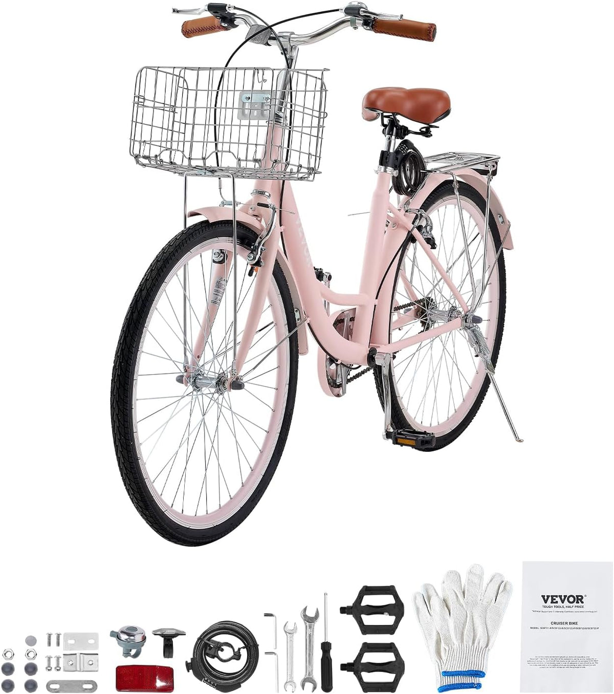 VEVOR Vélo croiseur, Vélo de Plage avec Panier de Grande capacité, Porte-Bagages arrière et siège réglable, sécurisé et Robuste, pour Cyclisme..