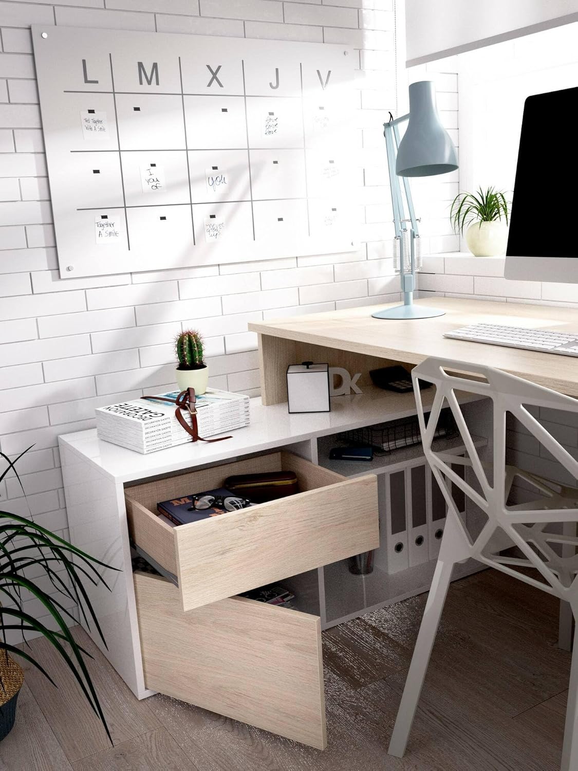 Dmora Scrivania Gardena, Positions pour Bureau ou Chambre d'enfant, Table d'étude d'angle Multi-usages, 139 x 92 x 75 cm, Bois, Chêne Blanc