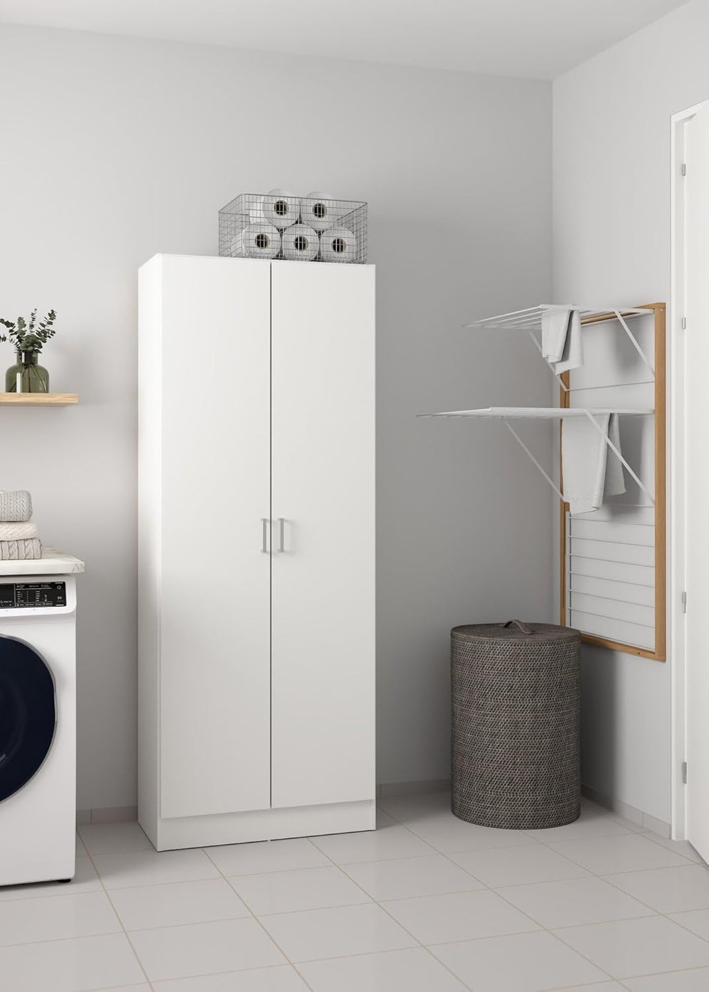 Dmora - Armoire polyvalent Charleston, Armoire à balais avec 2 portes, Étagère à chaussures avec étagères, Placard à balai, 73x37h180 cm, Blanc
