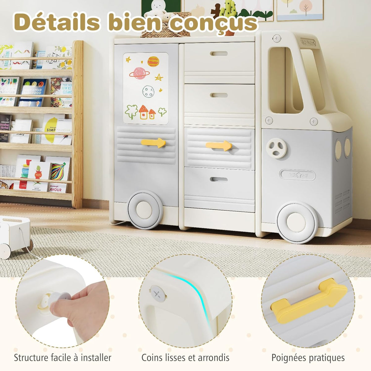 COSTWAY Meuble de Rangement Jouet Enfant en Forme Bus avec 4 Tiroirs & 3 Placards, Étagère de Rangement Jouet en HDPE avec Tableau Blanc, Bibliothèque Enfant de 3 Ans+ pour Salle de Jeux Chambre Salon