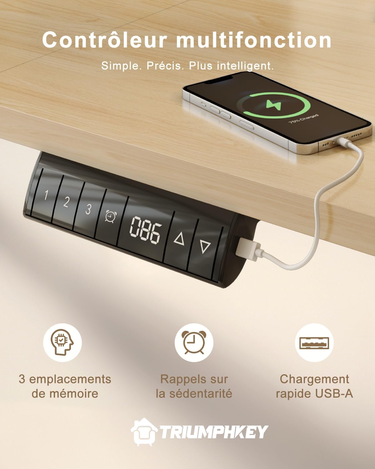 TRIUMPHKEY Bureau électrique 160 x 80 cm, réglable en hauteur, prise USB, 3 contrôles mémoire, table d'ordinateur, pour bureau, position debout