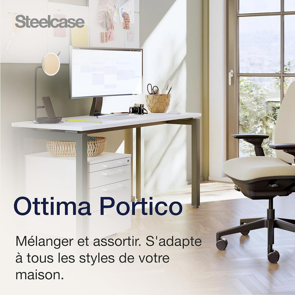 Steelcase Ottima Portico bureau avec plateau Chêne clair et base Blanc gris