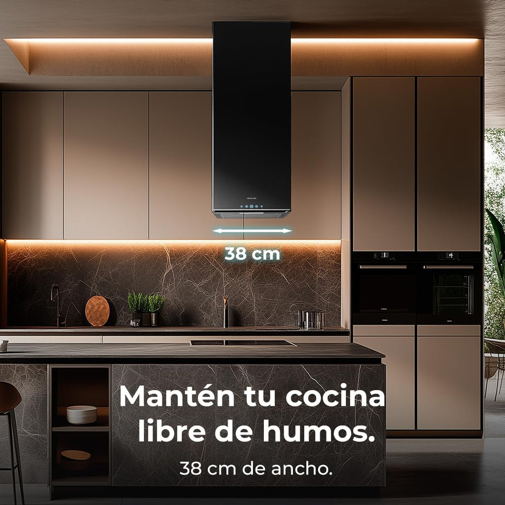 Cecotec Hotte Aspirante 38cm îlot Carré Bolero Flux Ict 388000 Black A++. Finition Noire, Aspiration 800M3/H, Moteur 210W, Commande Electronique, Lumière, Filtre à Charbon