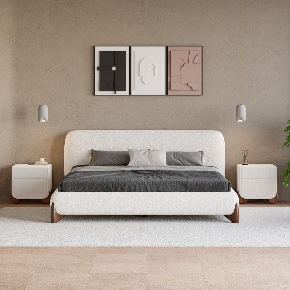 Homary Table de Chevet LED Smart Blanc Bouclé 2 Tiroirs, Recharge sans Fil/Filaire, Pieds Noisetier, Petit Meuble Rangement pour Chambre Adulte