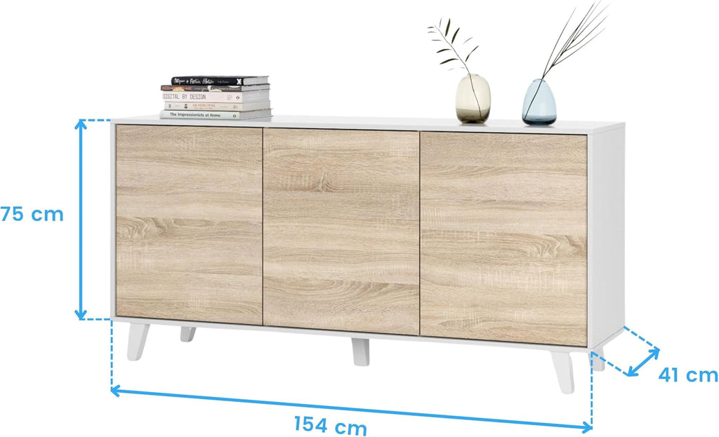 Habitdesign modèle Zaiken Plus Buffet, salon salle à manger 3 portes, blanc brillant et chêne canadien, dimensions : 154 x 75 x 41 cm (l x H x P).